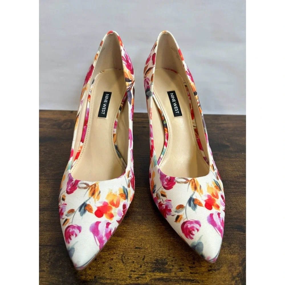 Nine West Flax Floral Pointed Toe Pumps Off White Textile Heels Womens 11 M - Picture 10 of 13